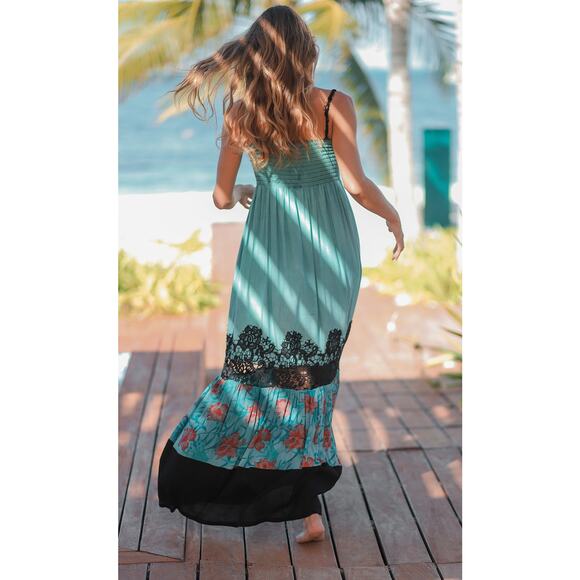 Resort Dress by T. ZOVICH Maxi Dress Mixed Media Green Floral V-Neck Spaguetti L - Picture 2 of 11